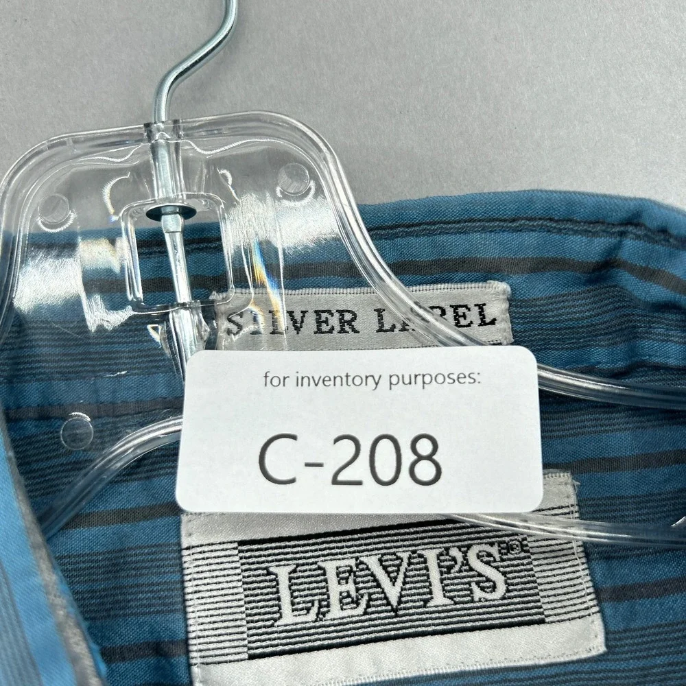 Vintage Levis Shirt Men Large Work Button Up Blue Stripe Silver Label Big E 80s‎